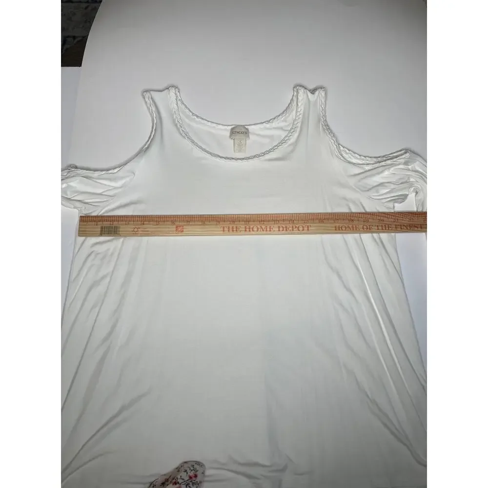 UGC Chico's White Cold Shoulder Bell Sleeve Blouse Braided Trim Boho Flowy Top L - Picture 7 of 9